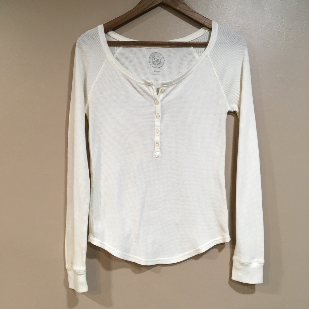 SO Waffle Knit Henley Top Womens L White Casual Everyday Basic Retro Minimalist